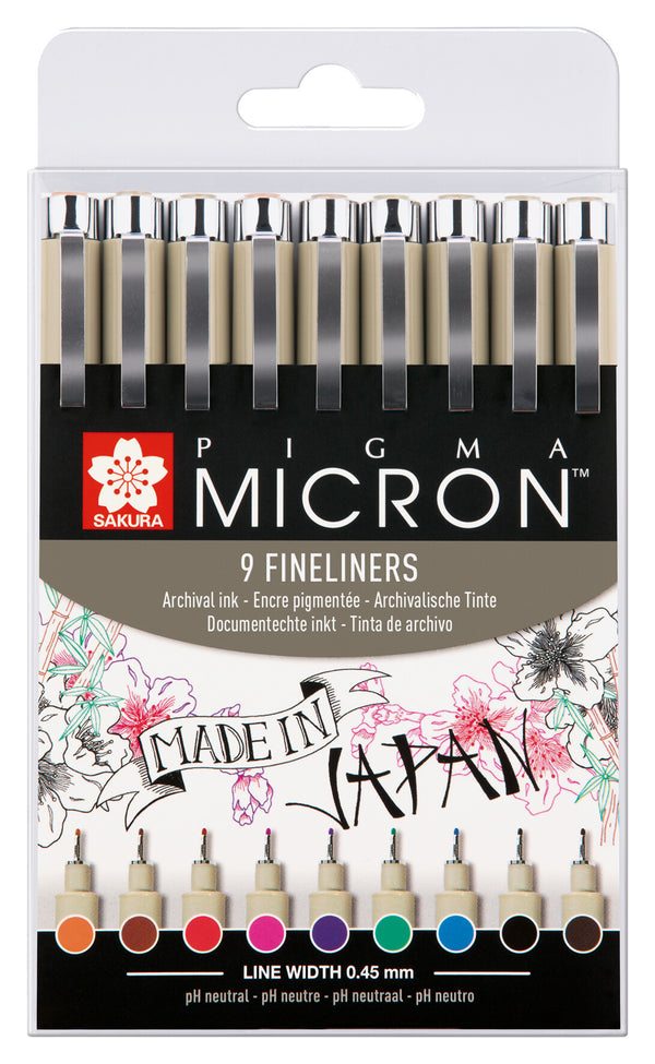 Pigma Micron set of 9 Fineliners 0.45mm Mixed colours