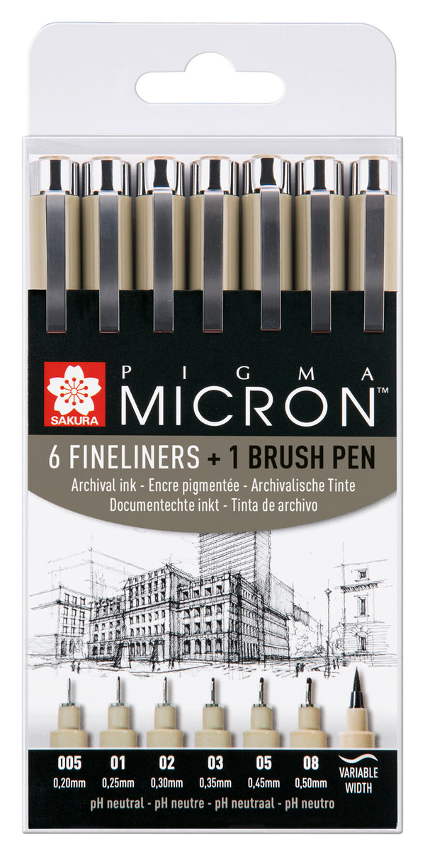 Pigma Micron set of 6 Fineliners and 1 Brushpen
